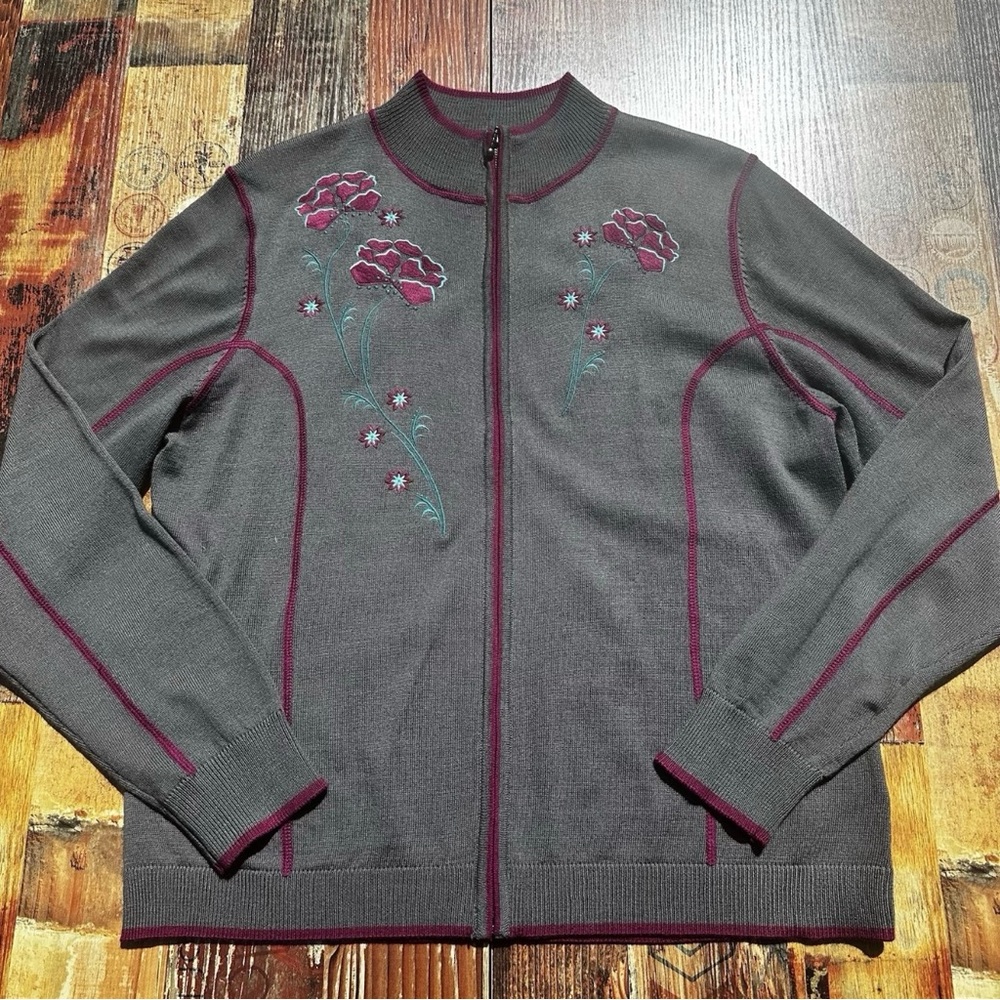 Cabelas Nordic Sweater Sz L Gray Floral Wool Blend Full Zip Embroidered Gorpcore